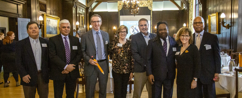 May, 2019 fundraising event at the Minneapolis Club for Benjamin E. Mays School. (From left: Jay Kim, Rahoul Ghose, Patrick Strother (AAC Board), Patricia Strother, Ryan Vernosh (AAC Board), Alexs Pate (Innocent Classroom), Ann Pifer (Executive Director, AAC), Cornell Moore.