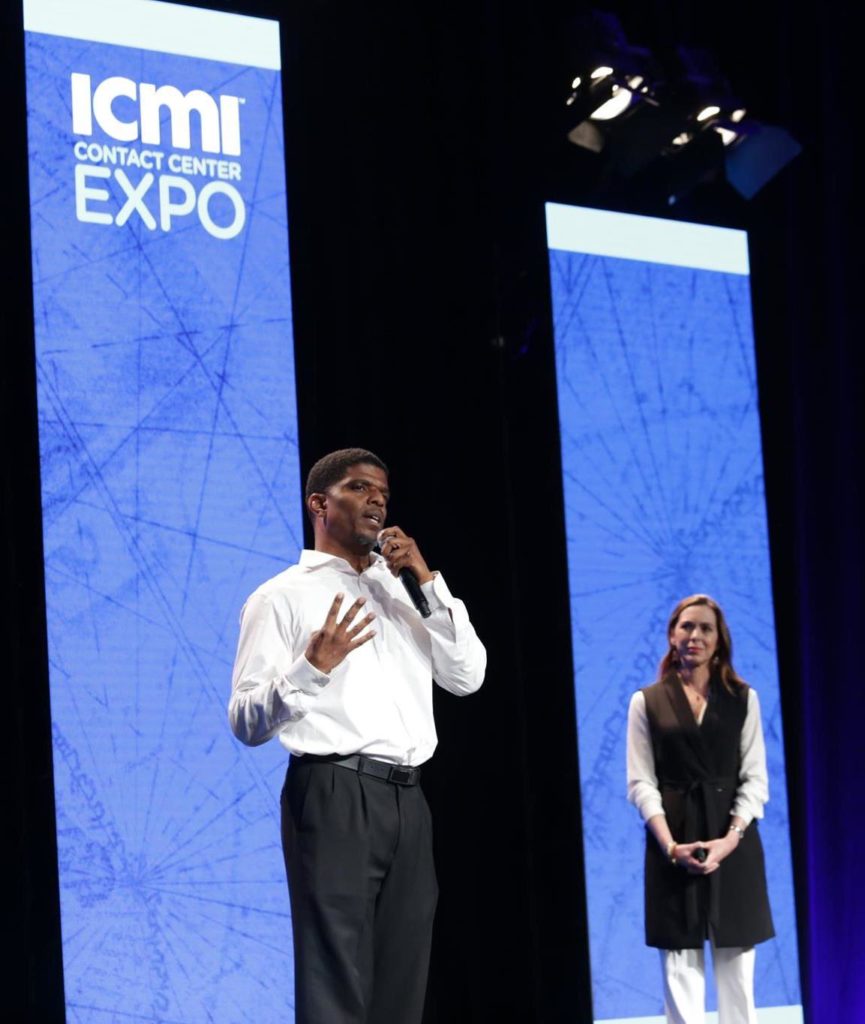 Assistant Principal Theon Eames on stage at the 2019 ICMI Contact Center Expo.