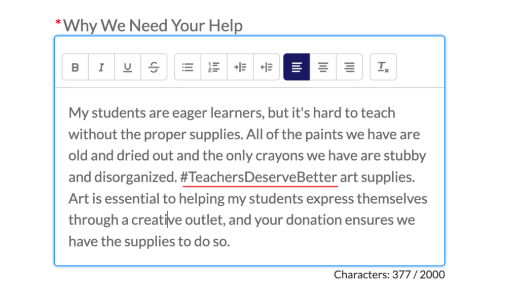 "A teacher's classroom page. The top text says why we need your help. There is a paragraph that includes the hashtag #TeachersDeserveBetter." 