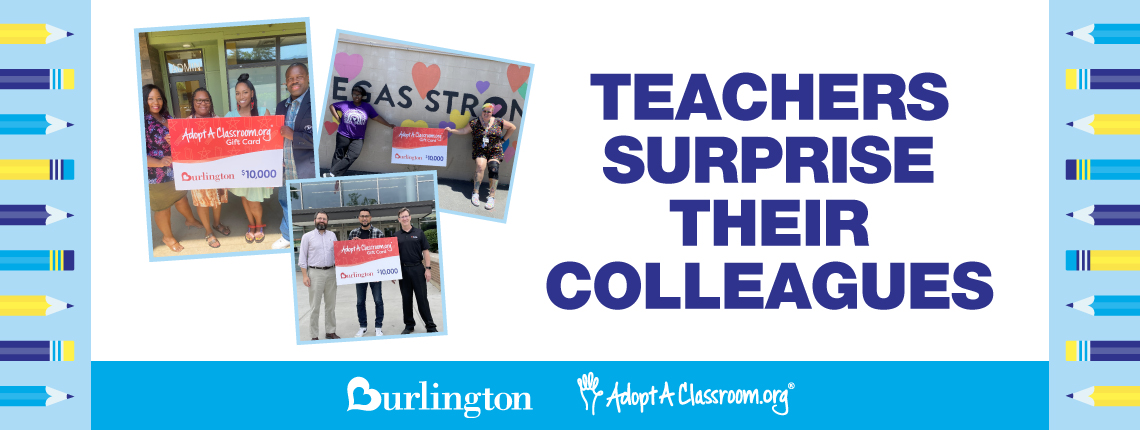"Teachers Surprise Their Colleagues." Three photos of people holding a large check from Burlington and AdoptAClassroom.org.