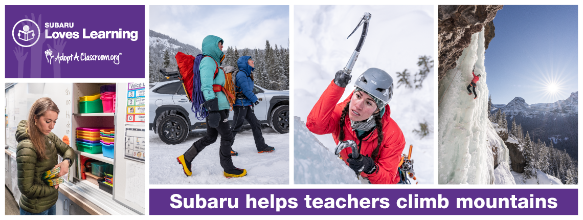 "Collage of photos: Kimber putting away colorful containers in her classroom, Two people walking in a snowy landscape in front of a car, Kimber climbing using an adaptive ice pick."