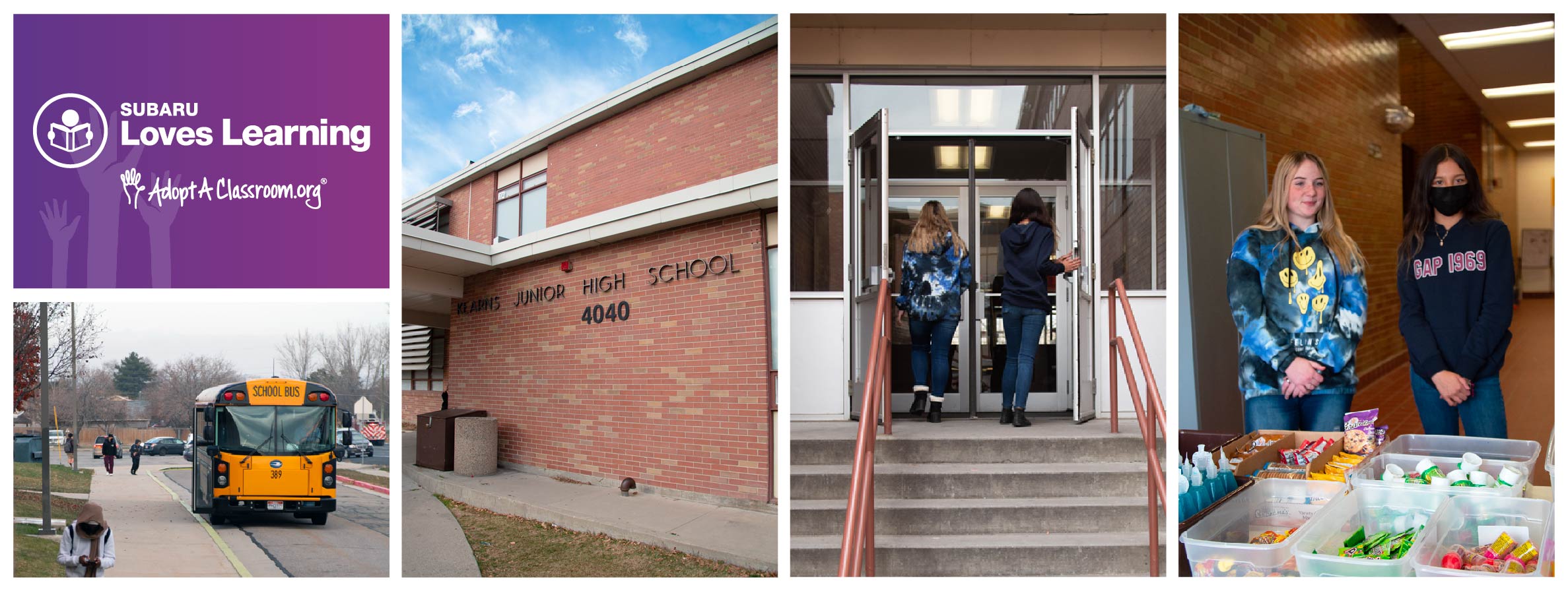 "Four vertical images of a school bus, brick building, two students entering the building, and students standing in front of snacks."