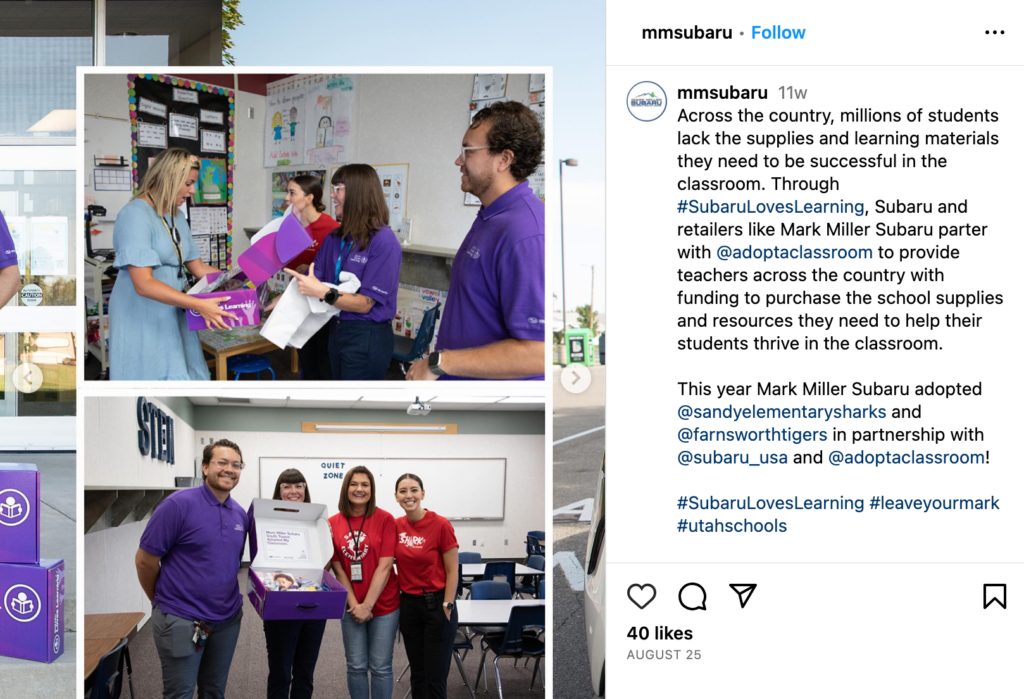 An Instagram post from a Subaru retailer showing photos of the Subaru staff surprising teachers with boxes of school supplies.