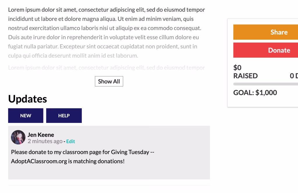 Example Screenshot - Update to Classroom Page